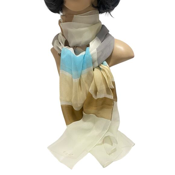 Vintage Echo Retro Blue and Tan Striped Silk Scarf 15.5" x 66" - Picture 1 of 12